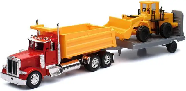 Alt view image 2 of 3 - Peterbilt 379 Dump Truck Red and Wheel Loader Yellow w/Flatbed Trailer "Long Haul Truckers" Series 1/32 Diecast Model by New Ray