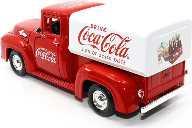 Alt view image 3 of 5 - 1955 Ford F-100 Pickup Truck Red with White Canopy "Drink Coca-Cola" 1/24 Diecast Model Car by Motor City Classics
