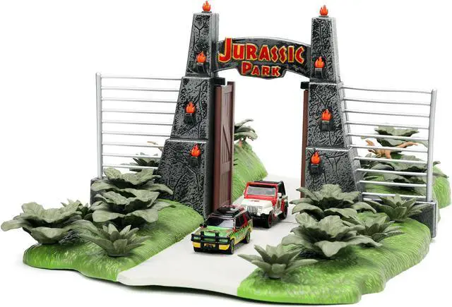 Alt view image 2 of 6 - Jurassic Park Theme Park Entrance Diorama w/Jeep Wrangler & Ford Explorer "Jurassic Park" (1993) Movie Models by Jada