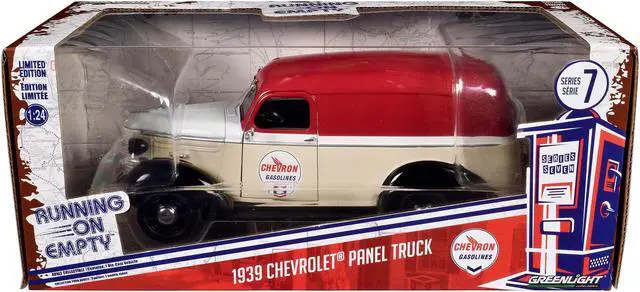 Alt view image 3 of 3 - 1939 Chevrolet Panel Truck "Chevron Gasolines" Red and Beige with White "Running on Empty" 1/24 Die Cast Model Car by Greenlight