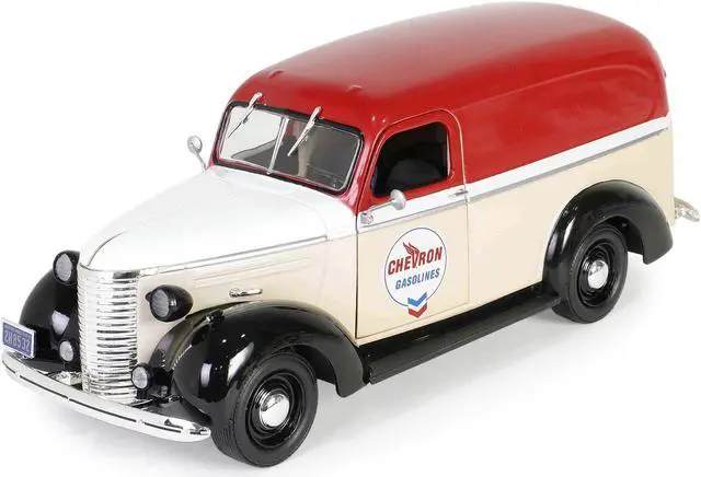 Alt view image 2 of 3 - 1939 Chevrolet Panel Truck "Chevron Gasolines" Red and Beige with White "Running on Empty" 1/24 Die Cast Model Car by Greenlight