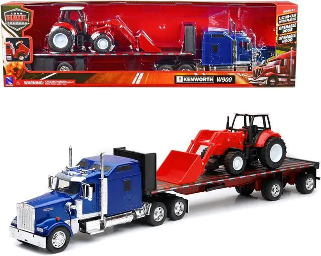 Main image of Kenworth W900 Truck with Flatbed Trailer Blue Met. w/Farm Tractor Red "Long Haul Truckers" Series 1/32 Diecast Model by New Ray