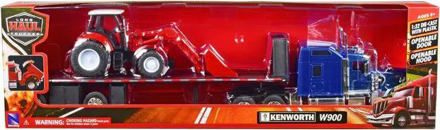 Alt view image 3 of 4 - Kenworth W900 Truck with Flatbed Trailer Blue Met. w/Farm Tractor Red "Long Haul Truckers" Series 1/32 Diecast Model by New Ray
