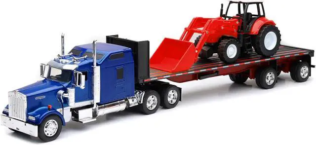 Alt view image 2 of 4 - Kenworth W900 Truck with Flatbed Trailer Blue Met. w/Farm Tractor Red "Long Haul Truckers" Series 1/32 Diecast Model by New Ray