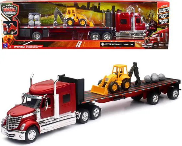 Main image of International Lonestar Truck with Flatbed Trailer Red Metallic with Front Loader and Rocks 1/32 Diecast Model by New Ray