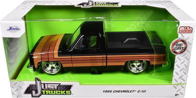 Alt view image 3 of 6 - 1985 Chevrolet C-10 Pickup Truck Black with Stripes and Paradox Wheels "Just Trucks" Series 1/24 Diecast Model Car by Jada