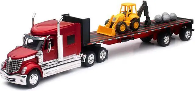 Alt view image 2 of 3 - International Lonestar Truck with Flatbed Trailer Red Metallic with Front Loader and Rocks 1/32 Diecast Model by New Ray