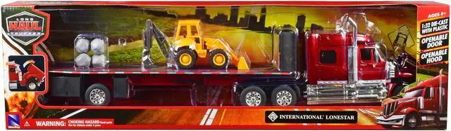 Alt view image 3 of 3 - International Lonestar Truck with Flatbed Trailer Red Metallic with Front Loader and Rocks 1/32 Diecast Model by New Ray