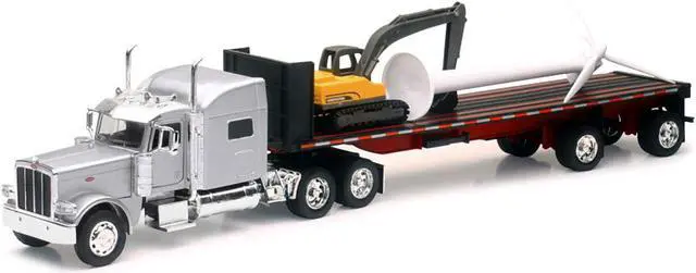 Alt view image 2 of 3 - Peterbilt 389 Truck with Flatbed Trailer Silver Metallic with Excavator and Wind Turbine 1/32 Diecast Model by New Ray