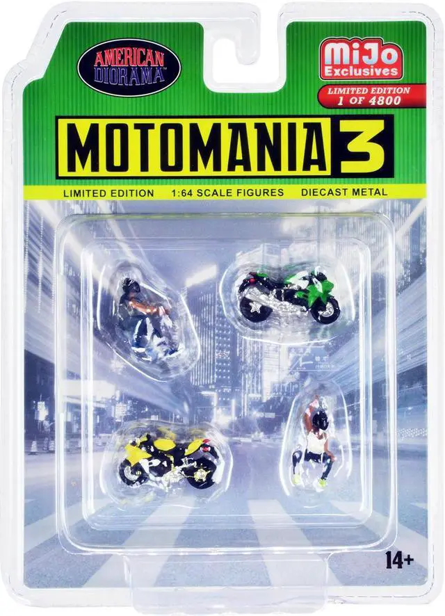 Main image of "Motomania 3" 4 piece Diecast Set (2 Figures and 2 Motorcycles) Limited Ed to 4800 pcs for 1/64 Scale Models by American Diorama