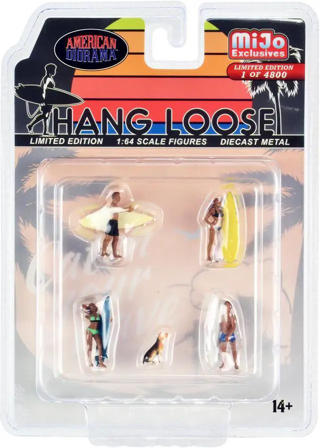 Main image of "Hang Loose" 5 piece Diecast Set (4 Surfer Figures and 1 Dog) Limited Ed to 4800 pcs for 1/64 Scale Models by American Diorama