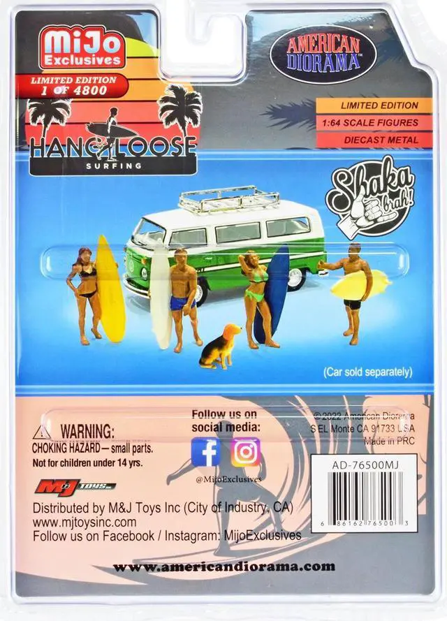 Alt view image 2 of 3 - "Hang Loose" 5 piece Diecast Set (4 Surfer Figures and 1 Dog) Limited Ed to 4800 pcs for 1/64 Scale Models by American Diorama