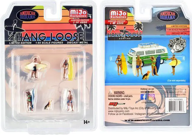 Alt view image 3 of 3 - "Hang Loose" 5 piece Diecast Set (4 Surfer Figures and 1 Dog) Limited Ed to 4800 pcs for 1/64 Scale Models by American Diorama