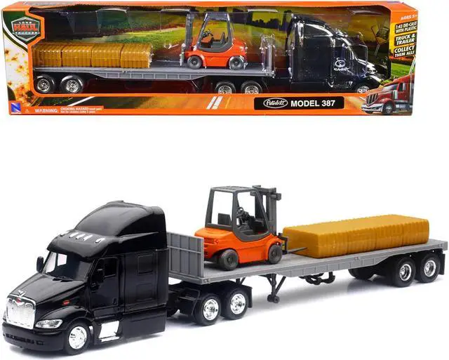 Main image of Peterbilt 387 Truck with Flatbed Trailer Black with Forklift and Hay Bales "Long Haul Trucker" 1/43 Diecast Model by New Ray
