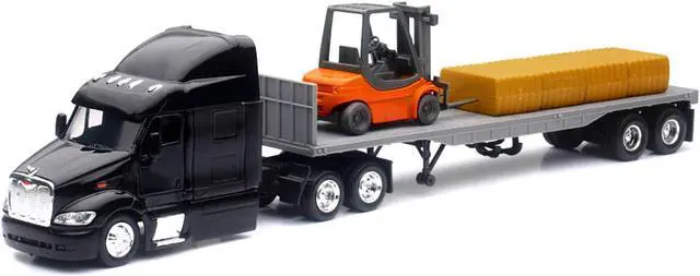 Alt view image 2 of 3 - Peterbilt 387 Truck with Flatbed Trailer Black with Forklift and Hay Bales "Long Haul Trucker" 1/43 Diecast Model by New Ray