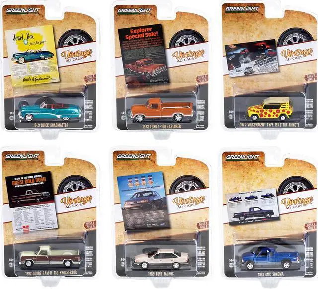 Main image of "Vintage Ad Cars" Set of 6 pieces Series 8 1/64 Diecast Model Cars by Greenlight
