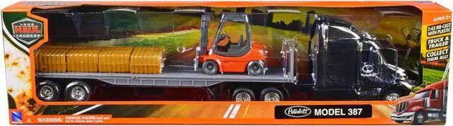 Alt view image 3 of 3 - Peterbilt 387 Truck with Flatbed Trailer Black with Forklift and Hay Bales "Long Haul Trucker" 1/43 Diecast Model by New Ray