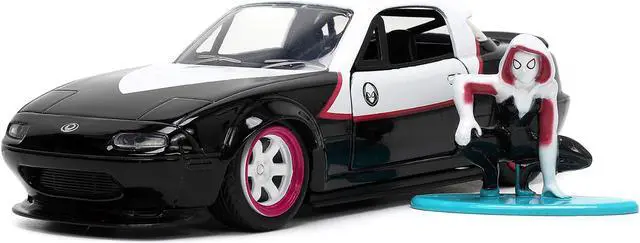 Alt view image 5 of 11 - 1990 Mazda Miata Black & White w/Graphics & Ghost Spider Figure "Spider-Man" "Marvel" Series 1/32 Diecast Model Car by Jada