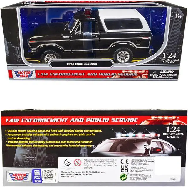 Alt view image 3 of 3 - 1978 Ford Bronco Police Car Unmarked Black w/White Top "Law Enforcement and Public Service" 1/24 Diecast Model Car by Motormax