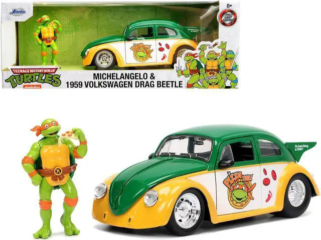 Main image of 1959 Volkswagen Drag Beetle Green & Yellow and Michelangelo Figure "Teenage Mutant Ninja Turtles" 1/24 Diecast Model Car by Jada