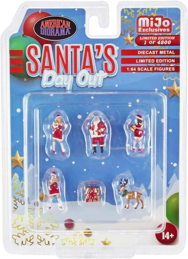 Main image of "Santa's Day Out" 6 piece Diecast Set (1 Male 2 Female 1 Reindeer 1 Present & Accessories) 1/64 Scale Models by American Diorama