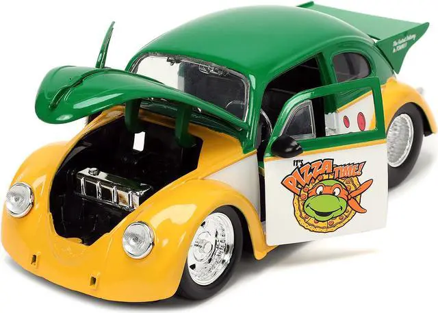 Alt view image 2 of 6 - 1959 Volkswagen Drag Beetle Green & Yellow and Michelangelo Figure "Teenage Mutant Ninja Turtles" 1/24 Diecast Model Car by Jada