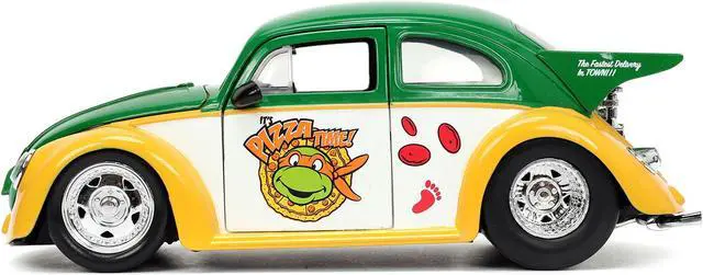 Alt view image 3 of 6 - 1959 Volkswagen Drag Beetle Green & Yellow and Michelangelo Figure "Teenage Mutant Ninja Turtles" 1/24 Diecast Model Car by Jada