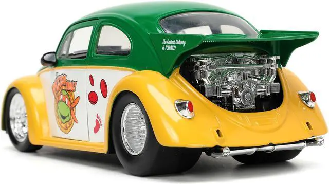 Alt view image 5 of 6 - 1959 Volkswagen Drag Beetle Green & Yellow and Michelangelo Figure "Teenage Mutant Ninja Turtles" 1/24 Diecast Model Car by Jada