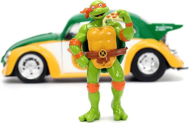 Alt view image 6 of 6 - 1959 Volkswagen Drag Beetle Green & Yellow and Michelangelo Figure "Teenage Mutant Ninja Turtles" 1/24 Diecast Model Car by Jada