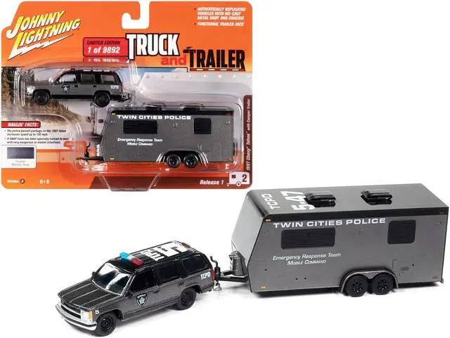 Main image of 1997 Chevrolet Tahoe "SWAT" Custom Gray Metallic and Black w/Camper Trailer 1/64 Diecast Model Car by Johnny Lightning