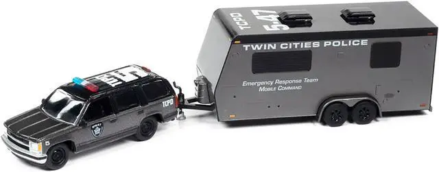 Alt view image 2 of 3 - 1997 Chevrolet Tahoe "SWAT" Custom Gray Metallic and Black w/Camper Trailer 1/64 Diecast Model Car by Johnny Lightning