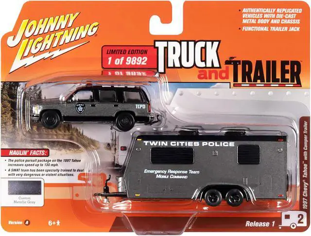 Alt view image 3 of 3 - 1997 Chevrolet Tahoe "SWAT" Custom Gray Metallic and Black w/Camper Trailer 1/64 Diecast Model Car by Johnny Lightning