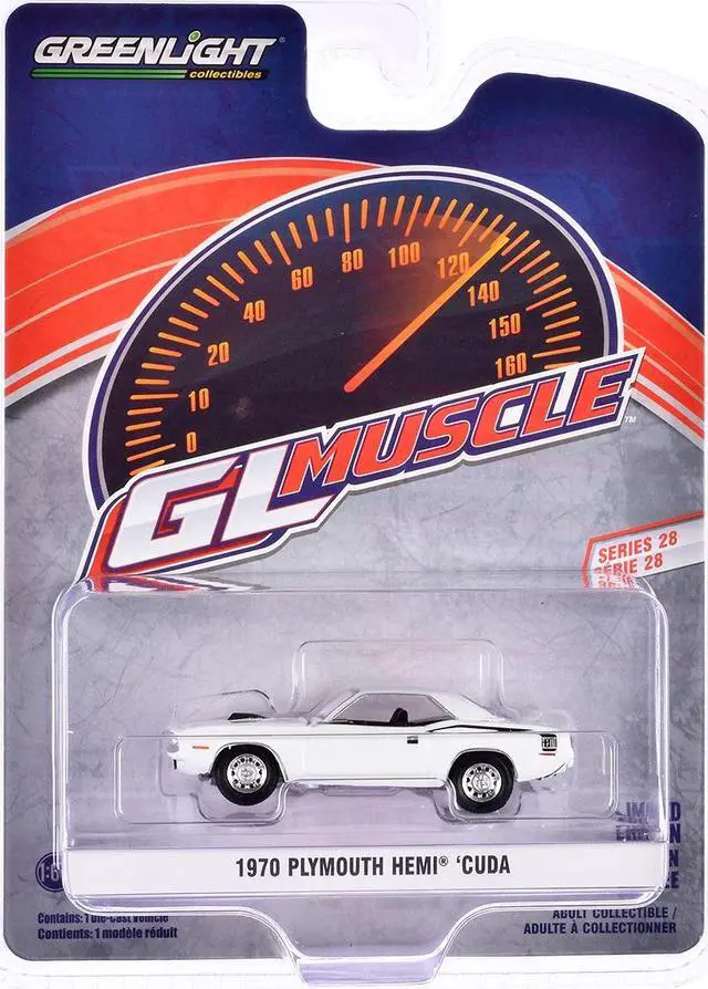 Alt view image 3 of 3 - 1970 Plymouth Hemi Barracuda Alpine White with Black Stripes "GreenLight Muscle" Series 28 1/64 Die Cast Model Car by Greenlight