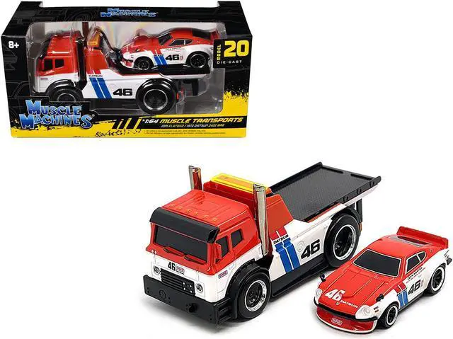 Main image of JDM Flatbed Truck #46 Red & White w/Blue & 1972 Datsun 240Z #46 Red and White w/Blue 1/64 Die Cast Models by Muscle Machines