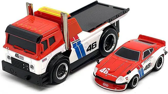 Alt view image 2 of 3 - JDM Flatbed Truck #46 Red & White w/Blue & 1972 Datsun 240Z #46 Red and White w/Blue 1/64 Die Cast Models by Muscle Machines
