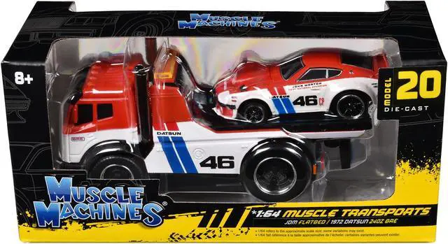 Alt view image 3 of 3 - JDM Flatbed Truck #46 Red & White w/Blue & 1972 Datsun 240Z #46 Red and White w/Blue 1/64 Die Cast Models by Muscle Machines