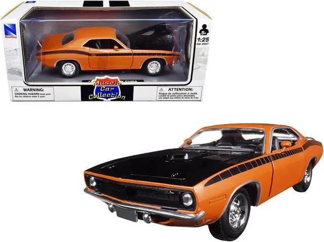 Main image of 1970 Plymouth Cuda Orange with Black Hood and Stripes 1/25 Diecast Model Car by New Ray