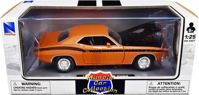 Alt view image 3 of 3 - 1970 Plymouth Cuda Orange with Black Hood and Stripes 1/25 Diecast Model Car by New Ray