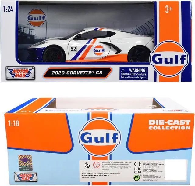 Alt view image 3 of 3 - 2020 Chevrolet Corvette C8 #52 White and Light Blue with Stripes "Gulf Die-Cast Collection" 1/24 Diecast Model Car by Motormax