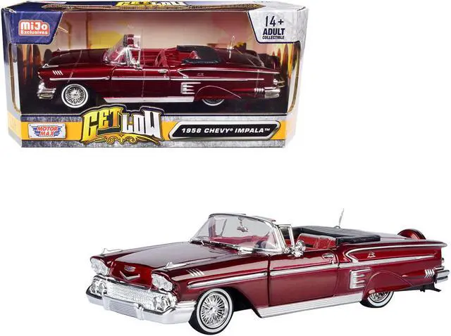 Main image of 1958 Chevrolet Impala Convertible Lowrider Dark Red Metallic w/Red Interior "Get Low" Series 1/24 Diecast Model Car by Motormax