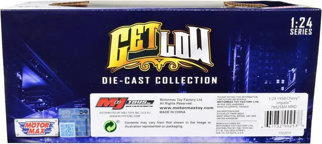 Alt view image 3 of 3 - 1958 Chevrolet Impala Convertible Lowrider Dark Red Metallic w/Red Interior "Get Low" Series 1/24 Diecast Model Car by Motormax