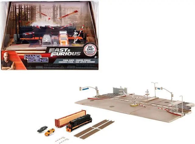 Main image of "Fast & Furious" Final Race Diorama with Toyota Supra Orange and Dodge Charger Black "Nano Scene" Series model by Jada
