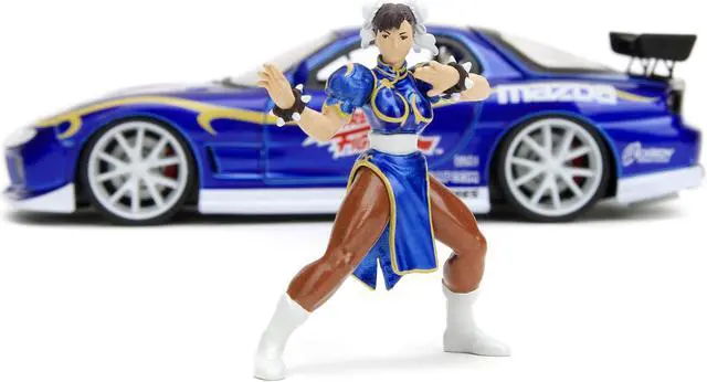 Alt view image 6 of 6 - 1993 Mazda RX-7 Candy Blue Met. w/Graphics and Chun-Li Diecast Figure "Street Fighter" Video Game 1/24 Diecast Model Car by Jada