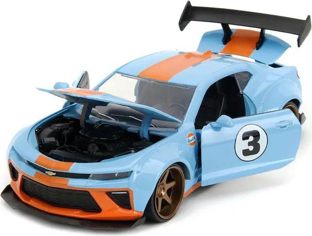Alt view image 2 of 5 - 2016 Chevrolet Camaro Widebody #3 Light Blue with Orange Stripes "Gulf Oil" "Wide Body" Series 1/24 Diecast Model Car by Jada