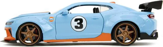 Alt view image 4 of 5 - 2016 Chevrolet Camaro Widebody #3 Light Blue with Orange Stripes "Gulf Oil" "Wide Body" Series 1/24 Diecast Model Car by Jada