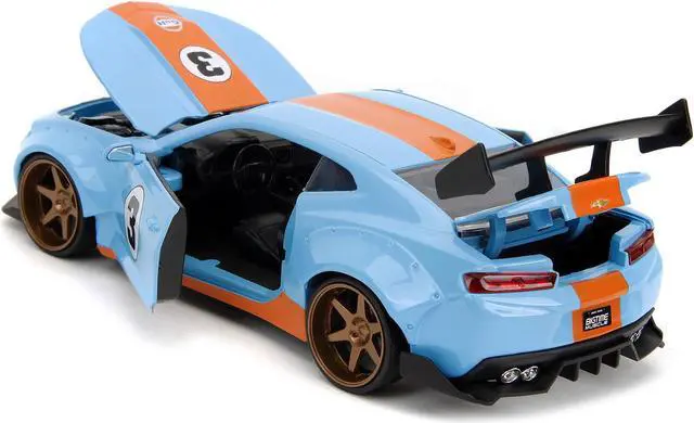 Alt view image 5 of 5 - 2016 Chevrolet Camaro Widebody #3 Light Blue with Orange Stripes "Gulf Oil" "Wide Body" Series 1/24 Diecast Model Car by Jada