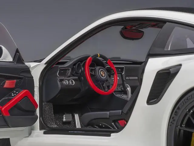 Alt view image 4 of 10 - Porsche 911 (991.2) GT2 RS Weissach Package White with Carbon Stripes 1/18 Model Car by Autoart