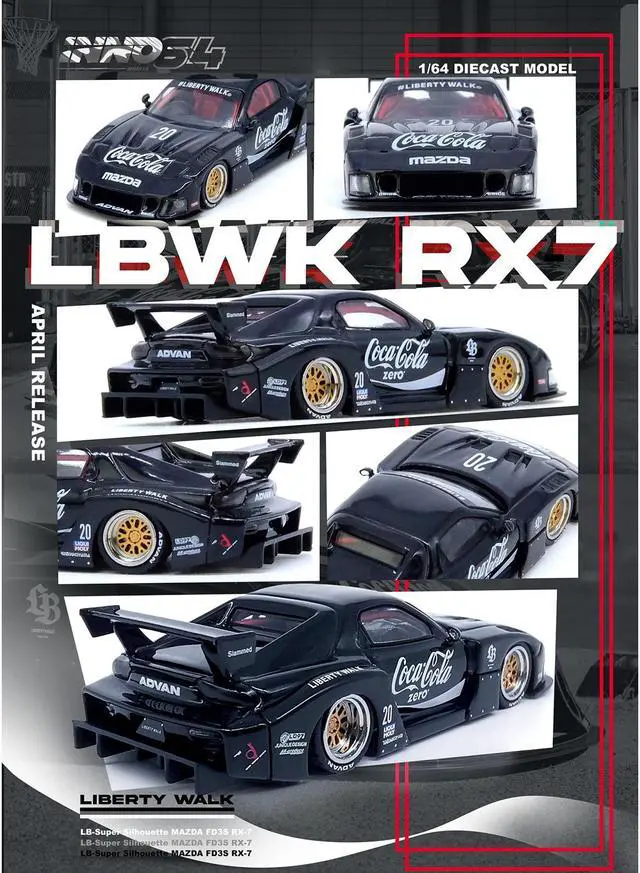 Alt view image 3 of 3 - Mazda RX7 (FD3S) LB-Super-Silhouette RHD (Right Hand Drive) #20 "Coca-Cola Zero" Black 1/64 Diecast Model Car by Inno Models