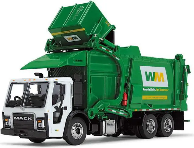 Alt view image 2 of 6 - Mack LR Garbage Truck with McNeilus Meridian Front Load Refuse Body White & Green w/Refuse Bin 1/64 Diecast Model by First Gear