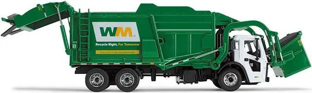 Alt view image 3 of 6 - Mack LR Garbage Truck with McNeilus Meridian Front Load Refuse Body White & Green w/Refuse Bin 1/64 Diecast Model by First Gear